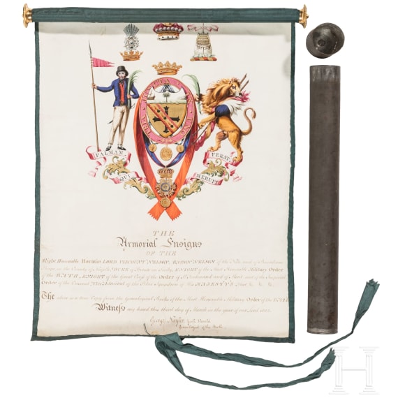 "The Armorial Ensigns of the Right Honourable Horatio Lord Viscount Nelson" &ndash; a hand-painted coat of arms by Sir George Nayler, York Herald and Genealogist of the Order of the Bath, 1802