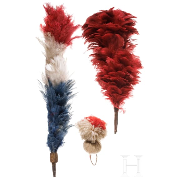 Two old French feather bushes and a German woollen pompom, 19th/20th century