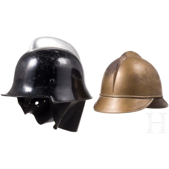 Four fire fighter helmets
