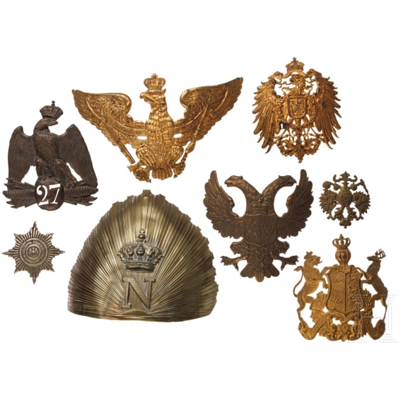Four German and two French helmet emblems, 19th/20th century