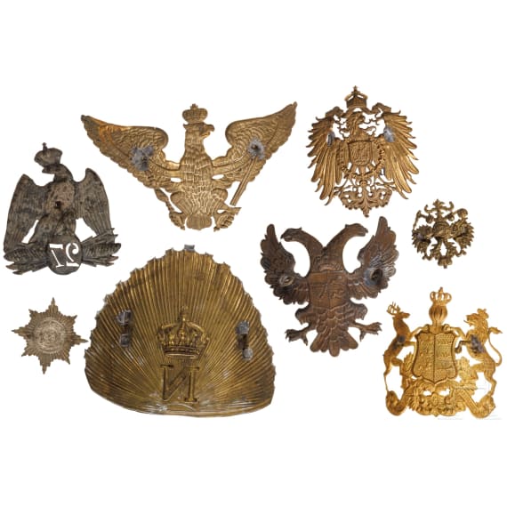 Four German and two French helmet emblems, 19th/20th century