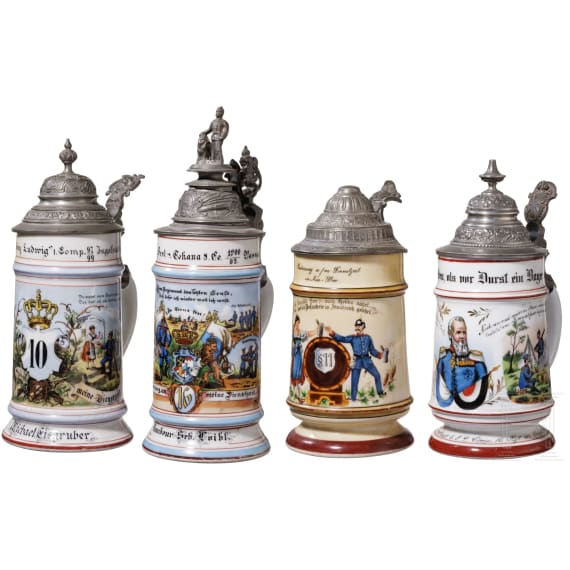 Four regimental stein mugs of the Royal Bavarian Infantry, 1893 - 1902