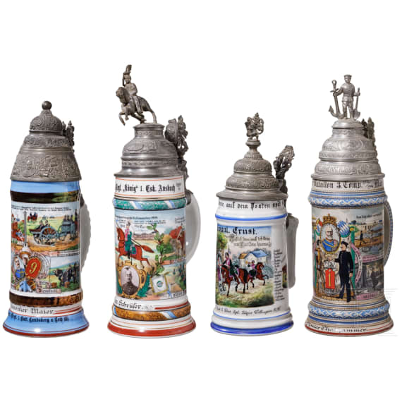 Two regimental stein mugs of the Royal Bavarian Cavalry, one of the 1st Pioneer Btl. (earthenware) and one of the Artillery, 1892 - 1914