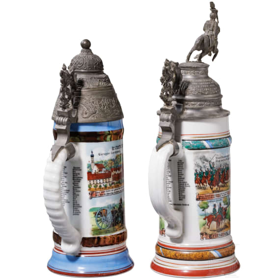 Two regimental stein mugs of the Royal Bavarian Cavalry, one of the 1st Pioneer Btl. (earthenware) and one of the Artillery, 1892 - 1914
