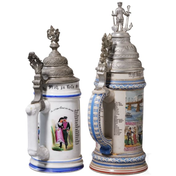 Two regimental stein mugs of the Royal Bavarian Cavalry, one of the 1st Pioneer Btl. (earthenware) and one of the Artillery, 1892 - 1914