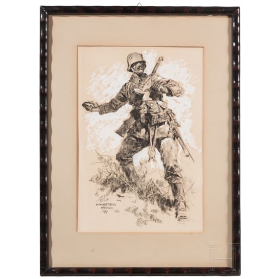 Prof. Anton Hoffmann (1863 - 1938) - a chalk drawing of a hand grenade launcher, dated 1917