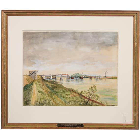 Erich St&uuml;rzenacker (1900 - ?) - a watercolour of an Autobahn bridge across a river, dated 1940
