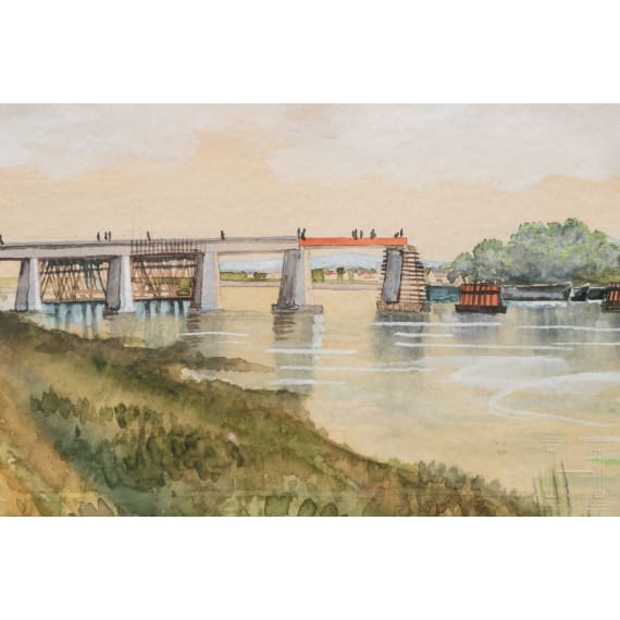 Erich St&uuml;rzenacker (1900 - ?) - a watercolour of an Autobahn bridge across a river, dated 1940