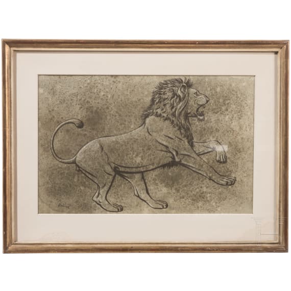 Werner Peiner (1897 - 1984) - Attacking Lion, mixed media