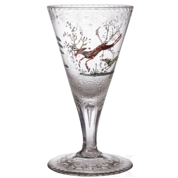 A cut and enamelled, painted drinking glass bearing the monogram of Maximilian II Emanuel, Elector of Bavaria, circa 1700-20
