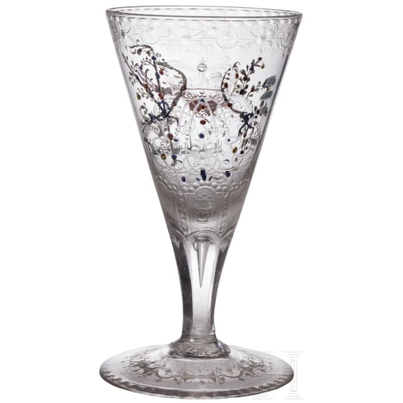 A cut and enamelled, painted drinking glass bearing the monogram of Maximilian II Emanuel, Elector of Bavaria, circa 1700-20