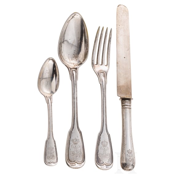 King Ludwig II of Bavaria - four pieces of silver cutlery with entwined monogram "L", probably Joseph Weber, Munich, circa 1830/40 and after 1864