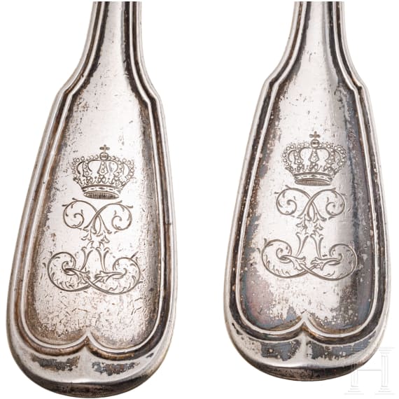 King Ludwig II of Bavaria - four pieces of silver cutlery with entwined monogram "L", probably Joseph Weber, Munich, circa 1830/40 and after 1864