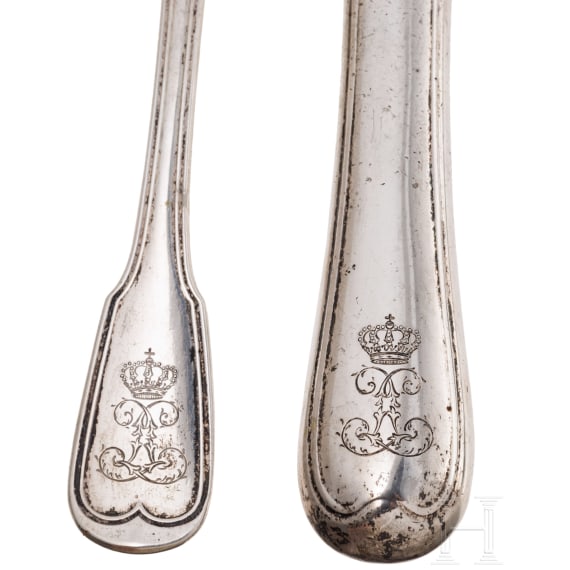 King Ludwig II of Bavaria - four pieces of silver cutlery with entwined monogram "L", probably Joseph Weber, Munich, circa 1830/40 and after 1864