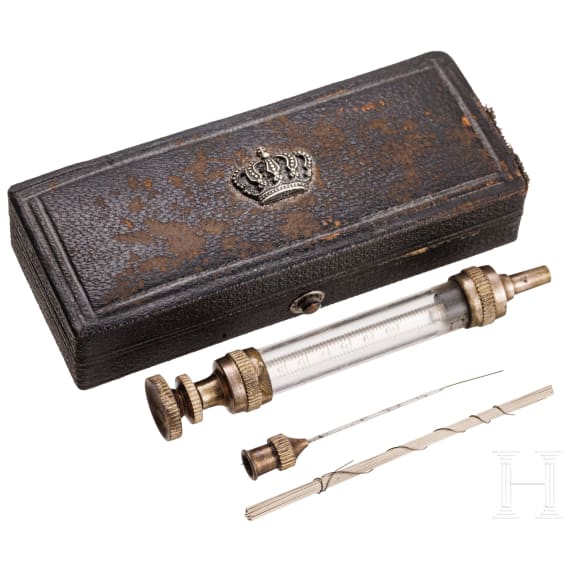 King Ludwig II of Bavaria - a syringe set in leather case with applied royal crown, C. Stiefenhofer, circa 1875