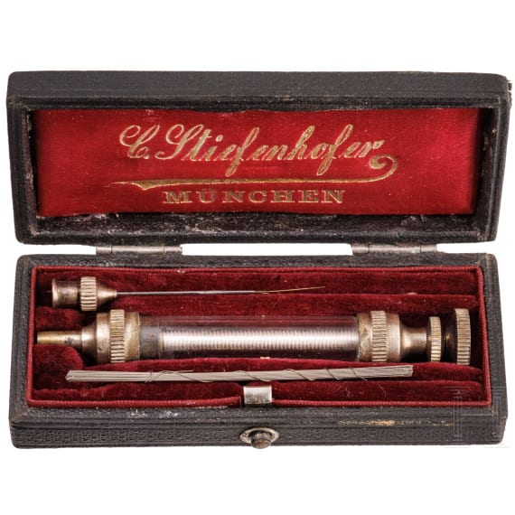 King Ludwig II of Bavaria - a syringe set in leather case with applied royal crown, C. Stiefenhofer, circa 1875