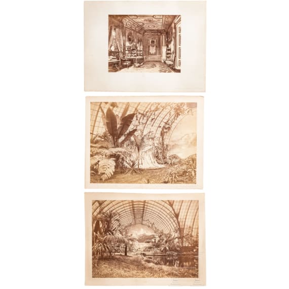 King Ludwig II of Bavaria - three large sized photographs of his study and the Large Conservatory (2x) in/at the Munich Residenz, Royal Bavarian Court Photographer Joseph Albert, circa 1880