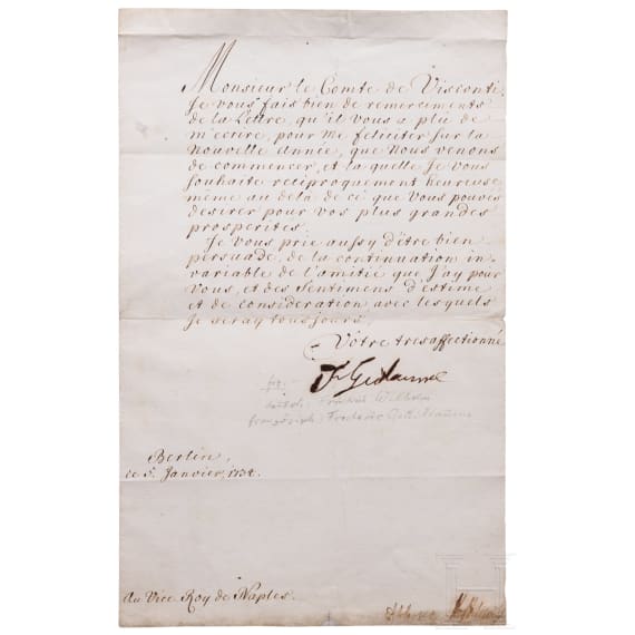 K&ouml;nig Friedrich Wilhelm I. von Preu&szlig;en - eigenh&auml;ndig signierter Brief an den Vizek&ouml;nig von Neapel Giulio Visconti Borromeo Arese, Graf von Pieve di Brebbia, datiert 5. Januar 1734