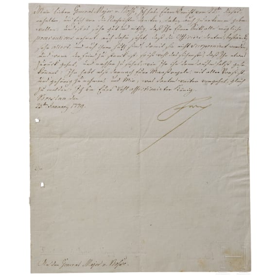 K&ouml;nig Friedrich II. von Preu&szlig;en (1712 - 1786) - eigenh&auml;ndig signierter Brief "An den General Major v. Bosse" aus dem Bayerischen Erbfolgekrieg, 1779