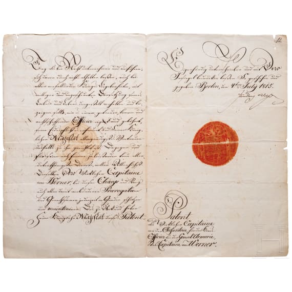 K&ouml;nig Friedrich Wilhelm III. von Preu&szlig;en - eigenh&auml;ndig signiertes Patent zum "Wirklichen Capitaine" f&uuml;r den Stabs-Capitaine von Werner, 1815