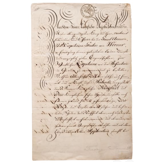 K&ouml;nig Friedrich Wilhelm III. von Preu&szlig;en - eigenh&auml;ndig signiertes Patent zum "Wirklichen Capitaine" f&uuml;r den Stabs-Capitaine von Werner, 1815