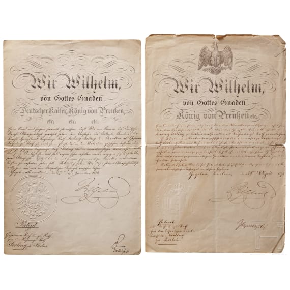 Kaiser Wilhelm I. - zwei signierte Patente, 1871 und 1884