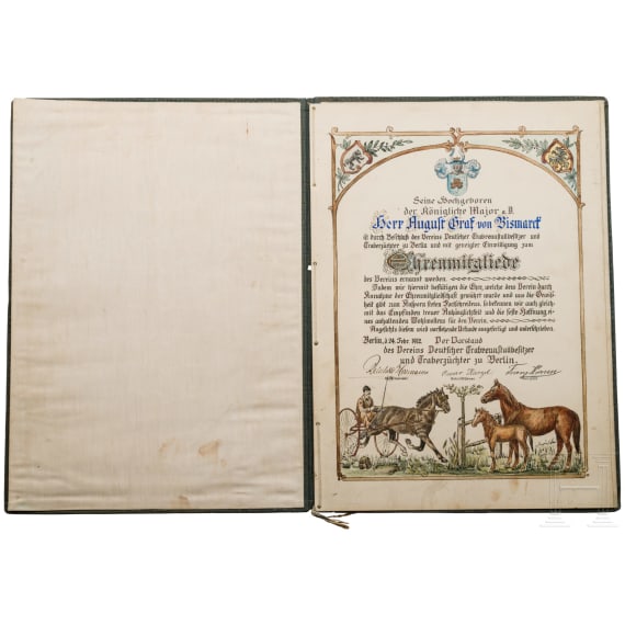 August Graf von Bismarck (1849 - 1920) - a honorary membership document of the "Verein Deutscher Trabrennstallbesitzer und Traberz&uuml;chter zu Berlin", 1912