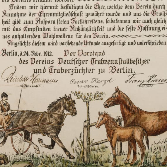 August Graf von Bismarck (1849 - 1920) - a honorary membership document of the "Verein Deutscher Trabrennstallbesitzer und Traberz&uuml;chter zu Berlin", 1912