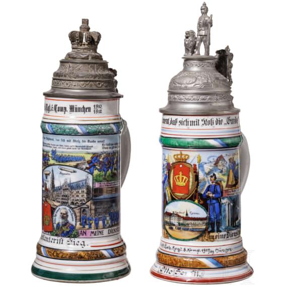 Two regimental stein mugs of the Royal Bavarian Infantry Leib Regiment, 1907 - 1912