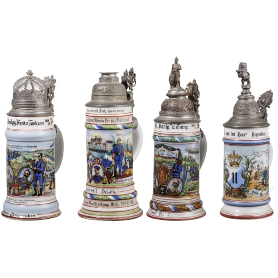 Four regimental stein mugs of the Royal Bavarian Infantry, until 1910
