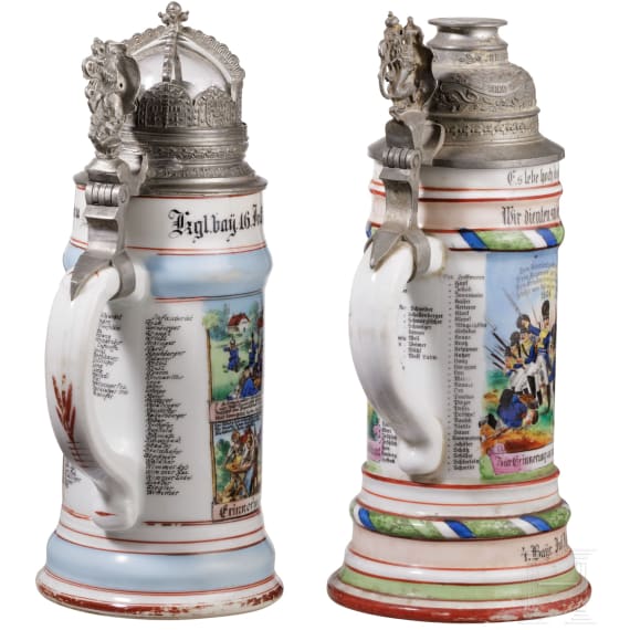 Four regimental stein mugs of the Royal Bavarian Infantry, until 1910