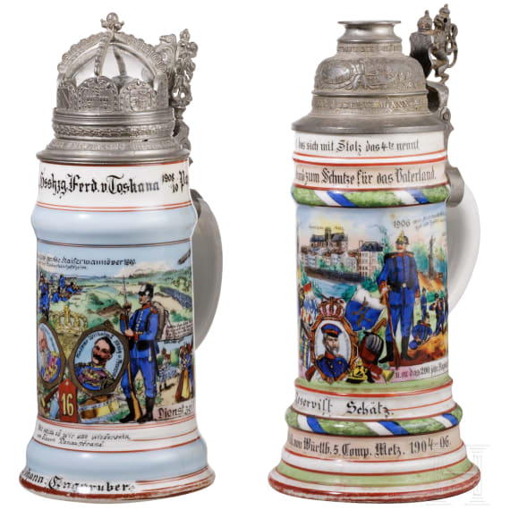 Four regimental stein mugs of the Royal Bavarian Infantry, until 1910