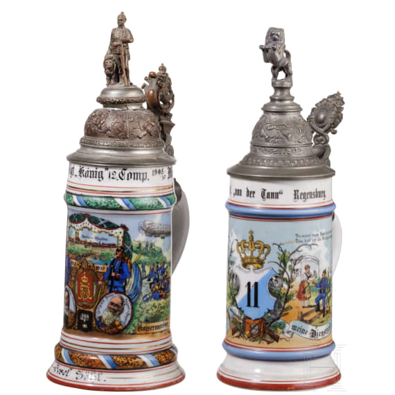 Four regimental stein mugs of the Royal Bavarian Infantry, until 1910