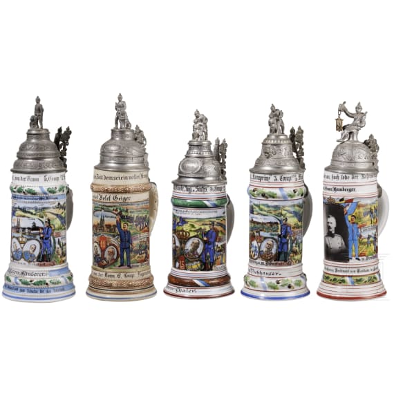 Five regimental stein mugs of the Royal Bavarian Infantry, 1908 - 1914