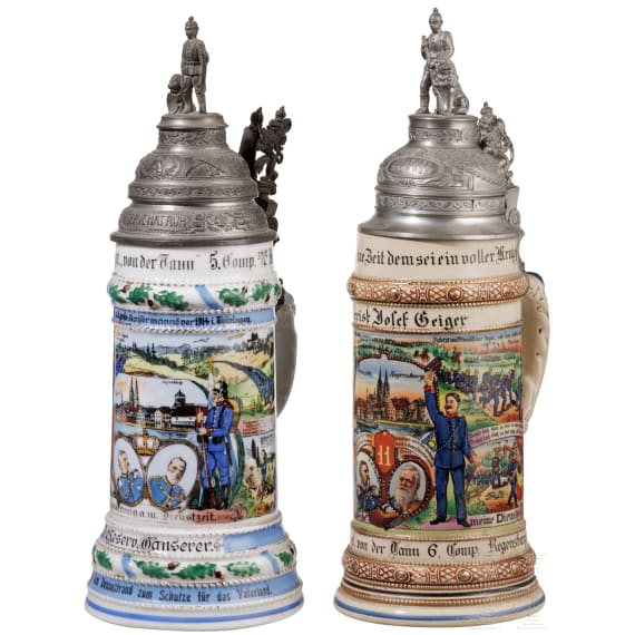 Five regimental stein mugs of the Royal Bavarian Infantry, 1908 - 1914