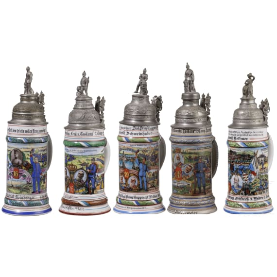 Five regimental stein mugs of the Royal Bavarian Infantry, 1907 - 1913