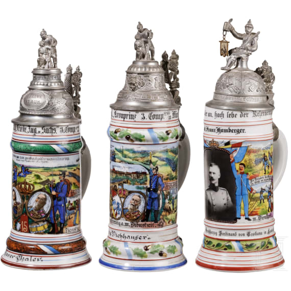 Five regimental stein mugs of the Royal Bavarian Infantry, 1908 - 1914