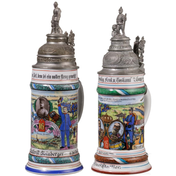 Five regimental stein mugs of the Royal Bavarian Infantry, 1907 - 1913