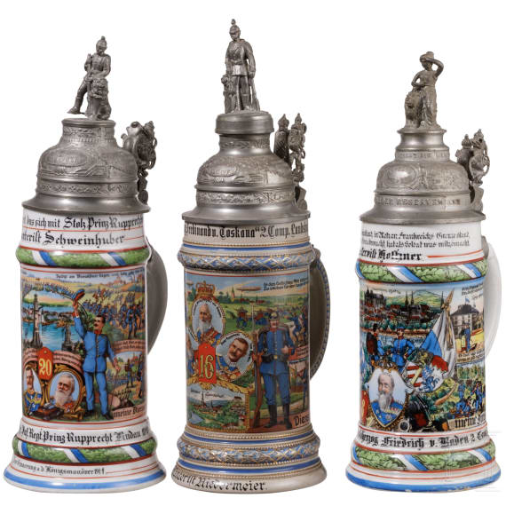 Five regimental stein mugs of the Royal Bavarian Infantry, 1907 - 1913