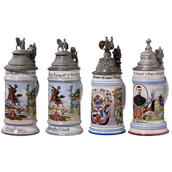 Four regimental stein mugs of the Royal Bavarian Field Artillery, 1899 - 1906