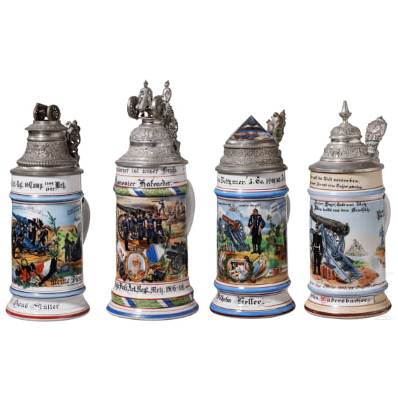 Four regimental stein mugs of the Royal Bavarian Foot Artillery, 1895 - 1908