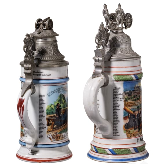 Four regimental stein mugs of the Royal Bavarian Foot Artillery, 1895 - 1908