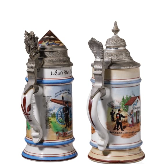 Four regimental stein mugs of the Royal Bavarian Foot Artillery, 1895 - 1908