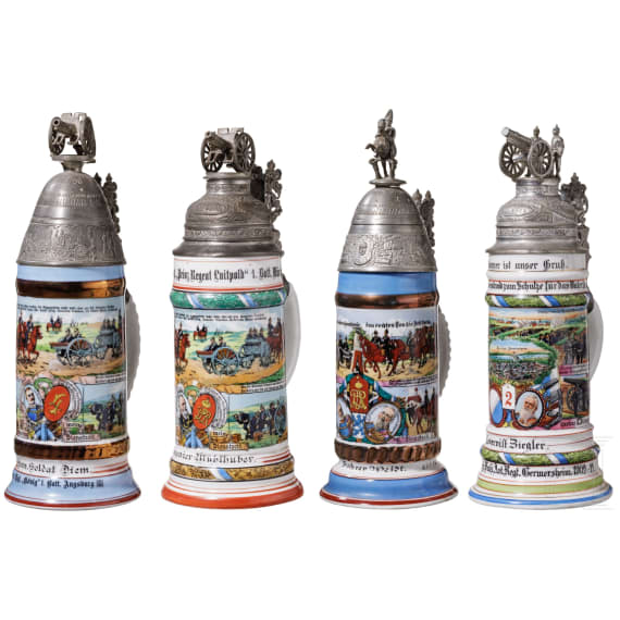Four regimental stein mugs of the Royal Bavarian Artillery, 1906 - 1914
