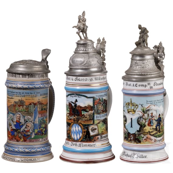 Three Royal Bavarian regimental stein mugs, 1897 - 1919