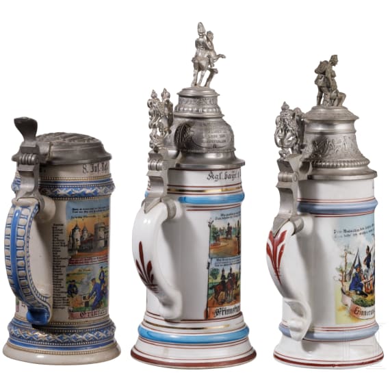 Three Royal Bavarian regimental stein mugs, 1897 - 1919