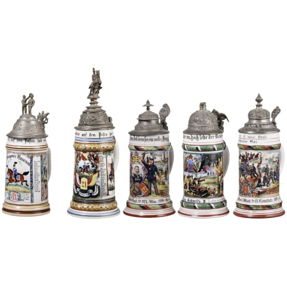Five regimental stein mugs, W&uuml;rttemberg, Baden and IR 56, 1896 - 1907