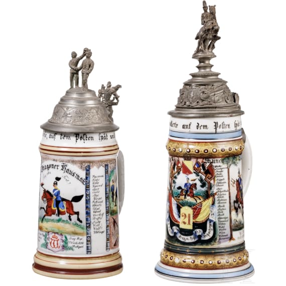 Five regimental stein mugs, W&uuml;rttemberg, Baden and IR 56, 1896 - 1907