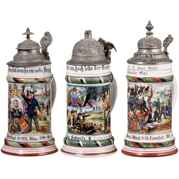 Five regimental stein mugs, W&uuml;rttemberg, Baden and IR 56, 1896 - 1907