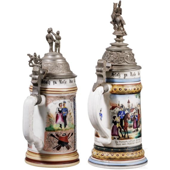 Five regimental stein mugs, W&uuml;rttemberg, Baden and IR 56, 1896 - 1907